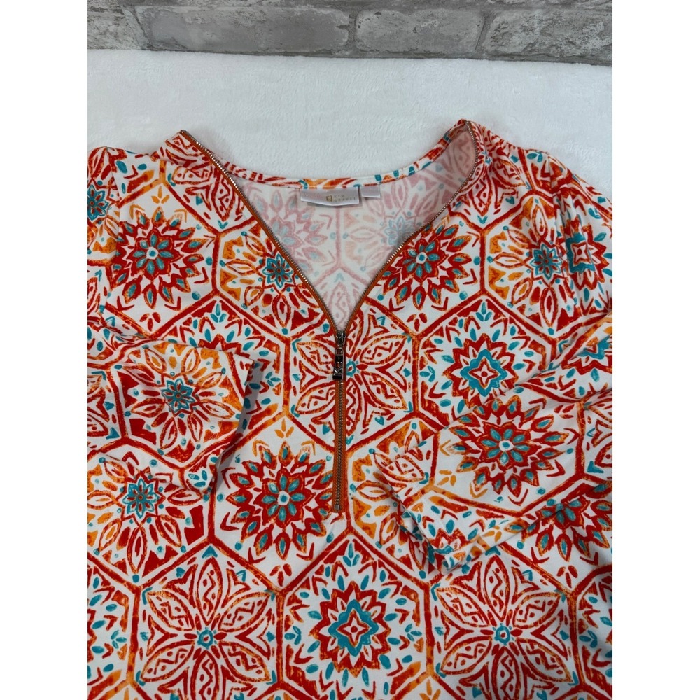 Belle By Kim Gravel TripleLuxe Knit Signature Zip Printed Top Pima Orange Large - Picture 11 of 11